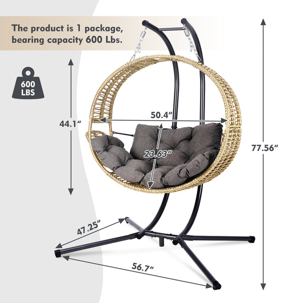 English Elm Double Hanging Egg Chair with Stand — Oversized 2-Person Wicker Rattan Swing, 700lb Capacity, Convertible Recliner W2500P290325