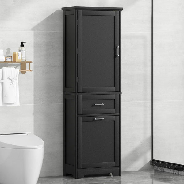 English Elm Tall Bathroom Storage Cabinet - Freestanding, Adjustable Shelf & Dual Drawer Design In Matte Black Finish N725P206895B-GIGA