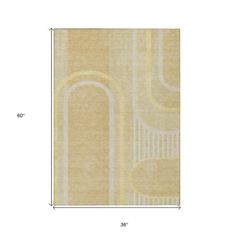 Homeroots 2' Abstract Washable Indoor Outdoor Runner Rug - Stylish, Stain Resistant Design For Any Space Beige Polyester 561305
