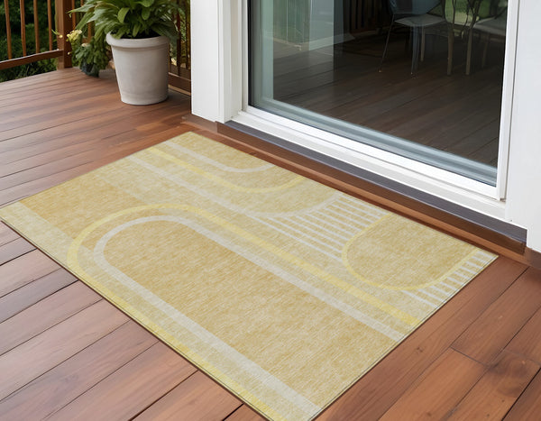 Homeroots 2' Abstract Washable Indoor Outdoor Runner Rug - Stylish, Stain Resistant Design For Any Space Beige Polyester 561305