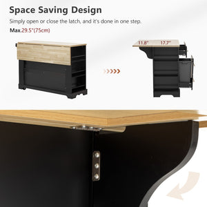 English Elm K&k Rolling Kitchen Island Six Drawers Drop Leaf Built-in Charging Vintage Style Black N707S307292B