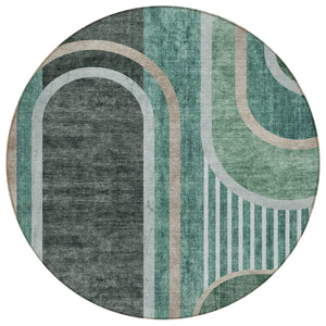 Homeroots 8' X 8' Black And Green Round Abstract Washable Indoor Outdoor Area Rug Emerald Polyester 561316
