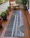 Homeroots 2' X 8' Blue And Black Abstract Washable Indoor Outdoor Runner Rug Navy Polyester 561321