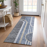 Homeroots 2' X 8' Blue And Black Abstract Washable Indoor Outdoor Runner Rug Navy Polyester 561321