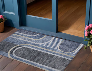 Homeroots 2' Abstract Washable Indoor Outdoor Runner Rug - Stylish, Stain Resistant Design For Any Space Navy Polyester 561323