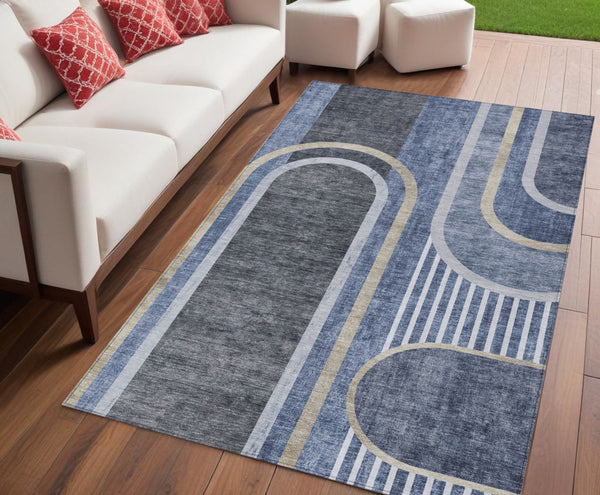 Homeroots 2' Abstract Washable Indoor Outdoor Runner Rug - Stylish, Stain Resistant Design For Any Space Navy Polyester 561324