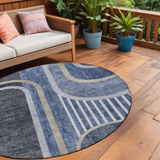 Homeroots 8' X 8' Blue And Black Round Abstract Washable Indoor Outdoor Area Rug Navy Polyester 561325