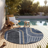 Homeroots 8' X 8' Blue And Black Round Abstract Washable Indoor Outdoor Area Rug Navy Polyester 561325