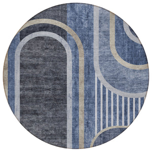Homeroots 8' X 8' Blue And Black Round Abstract Washable Indoor Outdoor Area Rug Navy Polyester 561325