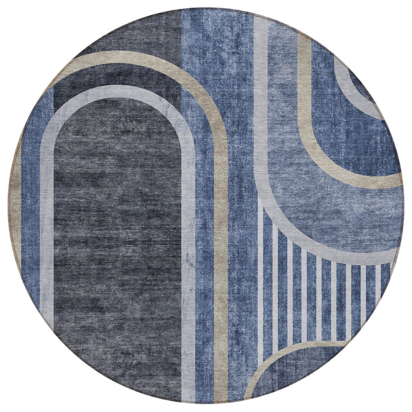 Homeroots 8' X 8' Blue And Black Round Abstract Washable Indoor Outdoor Area Rug Navy Polyester 561325