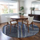 Homeroots 8' X 8' Blue And Black Round Abstract Washable Indoor Outdoor Area Rug Navy Polyester 561325