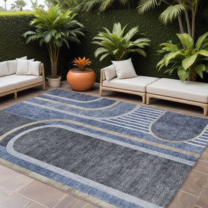 Homeroots 2' Abstract Washable Indoor Outdoor Runner Rug - Stylish, Stain Resistant Design For Any Space Navy Polyester 561328