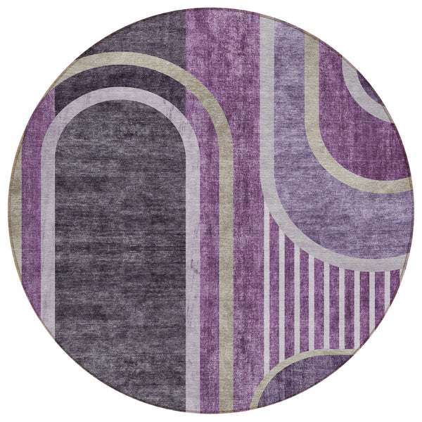 Homeroots 8' X 8' Purple And Black Round Abstract Washable Indoor Outdoor Area Rug Purple Polyester 561334