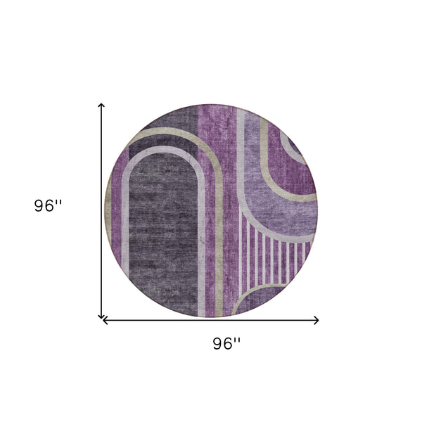 Homeroots 8' X 8' Purple And Black Round Abstract Washable Indoor Outdoor Area Rug Purple Polyester 561334