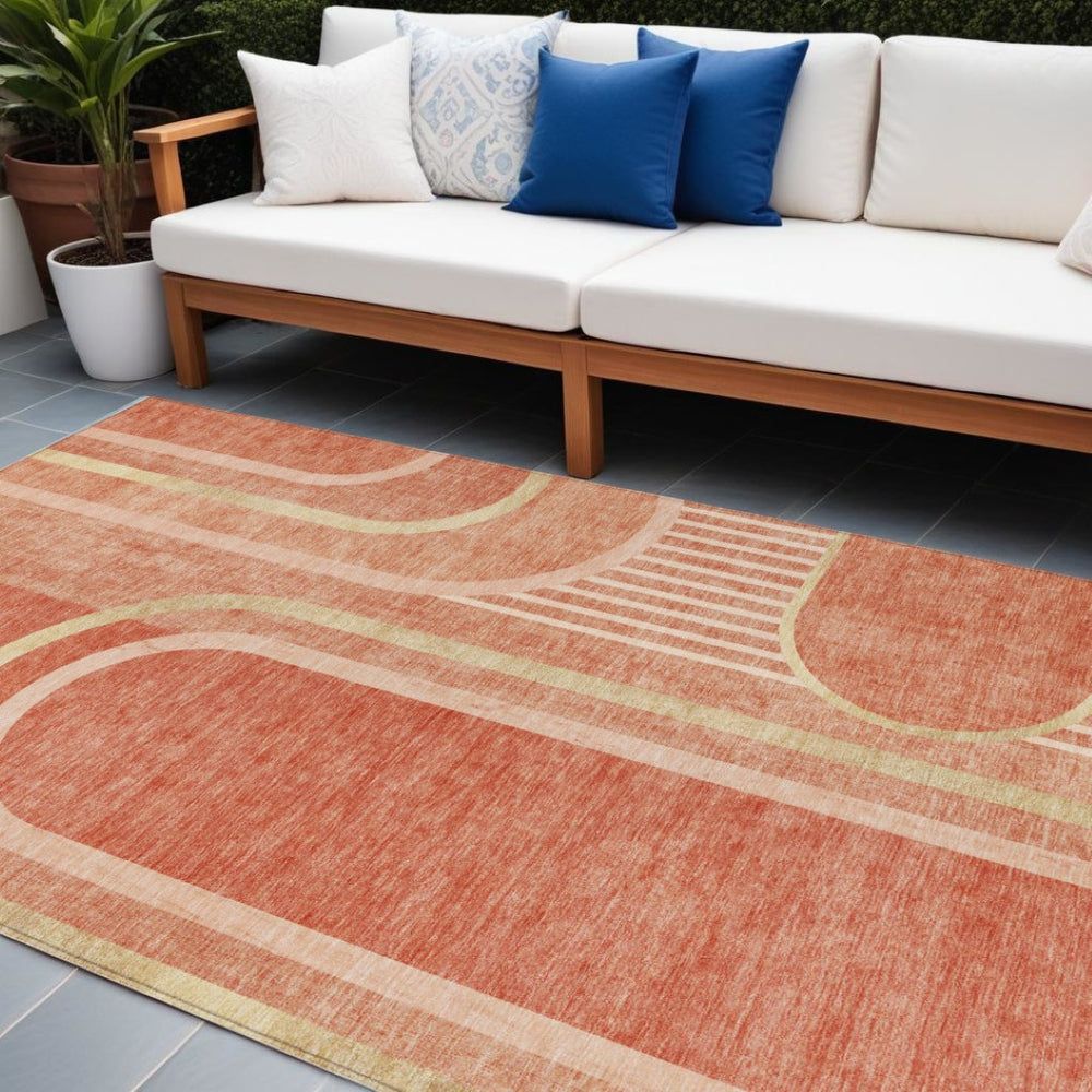 HomeRoots 5' X 8' Abstract Washable Indoor Outdoor Area Rug - Stylish, Durable, Perfect for High-Traffic Spaces Salmon 561344