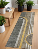 Homeroots 2' X 8' Gray Green And Gold Abstract Washable Non Skid Indoor Outdoor Area Rug Taupe Polyester 561348