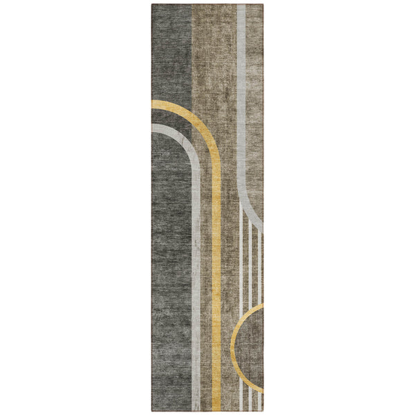 Homeroots 2' X 8' Gray Green And Gold Abstract Washable Non Skid Indoor Outdoor Area Rug Taupe Polyester 561348
