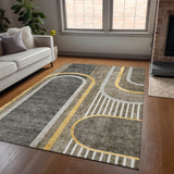 Homeroots 3' X 5' Gray Green And Gold Abstract Washable Non Skid Indoor Outdoor Area Rug Taupe Polyester 561350