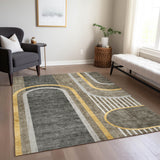 Homeroots 3' X 5' Gray Green And Gold Abstract Washable Non Skid Indoor Outdoor Area Rug Taupe Polyester 561350