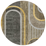 Homeroots 8' X 8' Gray Green And Gold Round Abstract Washable Non Skid Indoor Outdoor Area Rug Taupe Polyester 561352