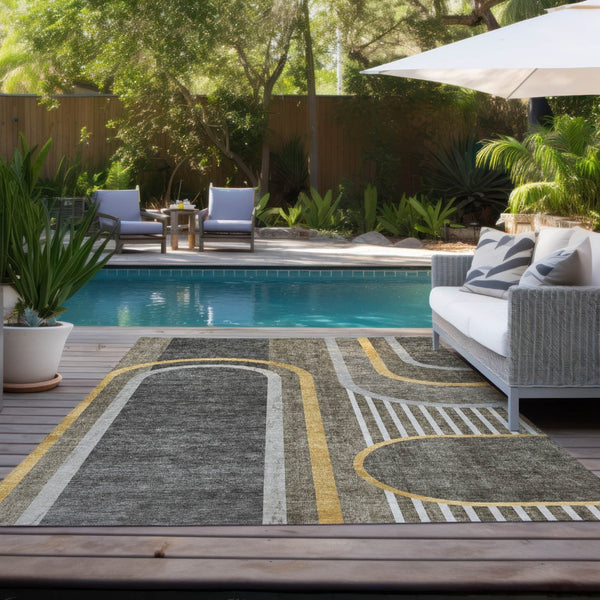 HomeRoots 5' X 8' Abstract Washable Indoor Outdoor Area Rug - Stylish, Durable, Perfect for High-Traffic Spaces Taupe 561353