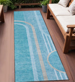 Homeroots 2' X 8' Teal Abstract Washable Indoor Outdoor Runner Rug Teal Polyester 561357