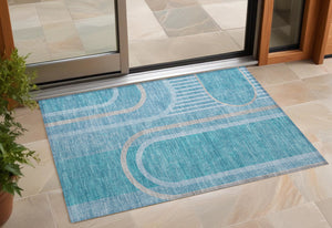 Homeroots 2' Abstract Washable Indoor Outdoor Runner Rug - Stylish, Stain Resistant Design For Any Space Teal Polyester 561359
