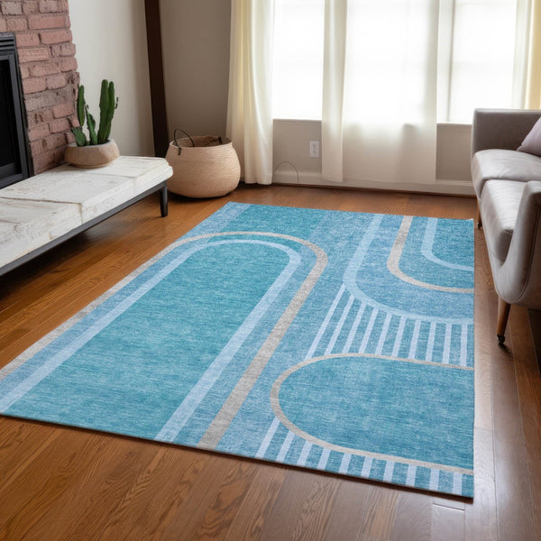 Homeroots 2' Abstract Washable Indoor Outdoor Runner Rug - Stylish, Stain Resistant Design For Any Space Teal Polyester 561359