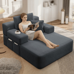 English Elm Luxurious Corduroy Convertible Chaise Lounge Sofa Bed with Foam Support for Apartments Dark Gray W3219P449014