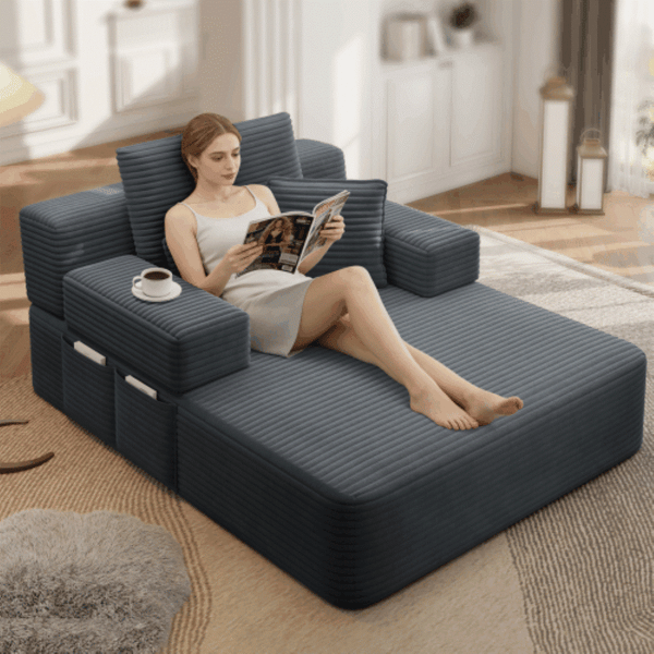 English Elm Luxurious Corduroy Convertible Chaise Lounge Sofa Bed with Foam Support for Apartments Dark Gray W3219P449014