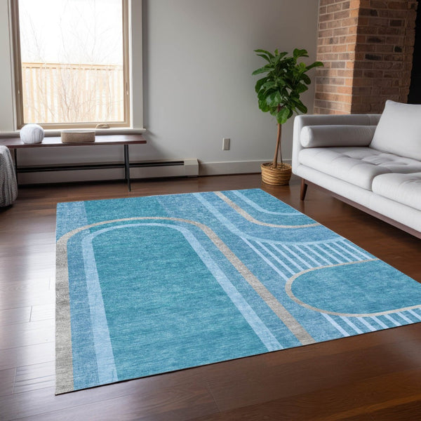 HomeRoots 5' X 8' Abstract Washable Indoor Outdoor Area Rug - Stylish, Durable, Perfect for High-Traffic Spaces Teal 561363