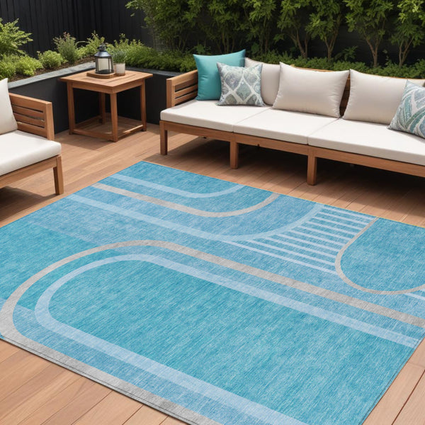 Homeroots 2' Abstract Washable Indoor Outdoor Runner Rug - Stylish, Stain Resistant Design For Any Space Teal Polyester 561364