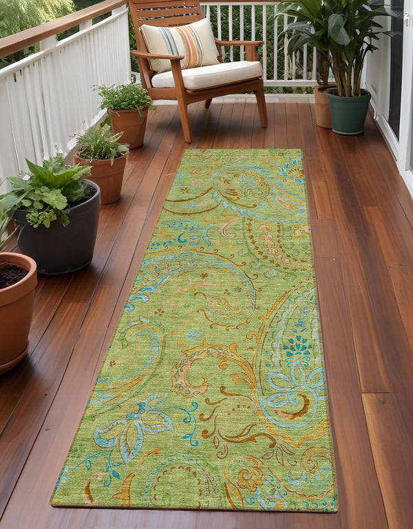 Homeroots 2' Artichoke Green Paisley Washable Indoor-outdoor Runner Rug For Easy Care And Style Aloe Polyester 561375