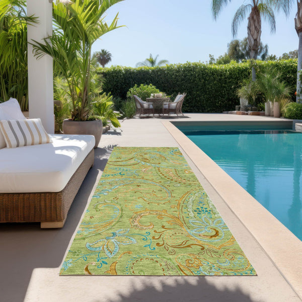 Homeroots 2' Artichoke Green Paisley Washable Indoor-outdoor Runner Rug For Easy Care And Style Aloe Polyester 561375