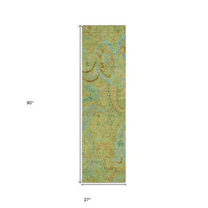 Homeroots 2' Artichoke Green Paisley Washable Indoor-outdoor Runner Rug For Easy Care And Style Aloe Polyester 561375