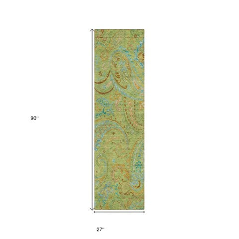 Homeroots 2' Artichoke Green Paisley Washable Indoor-outdoor Runner Rug For Easy Care And Style Aloe Polyester 561375