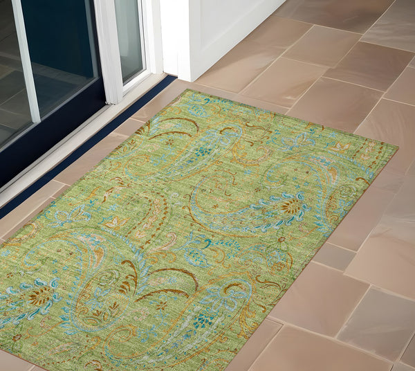 Homeroots 3' X 5' Artichoke Green Paisley Washable Indoor Outdoor Area Rug Aloe Polyester 561377