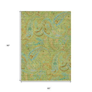 Homeroots 5' X 8' Artichoke Green Paisley Washable Indoor Outdoor Area Rug Aloe Polyester 561378