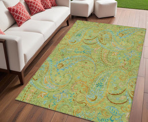 Homeroots 5' X 8' Artichoke Green Paisley Washable Indoor Outdoor Area Rug Aloe Polyester 561378