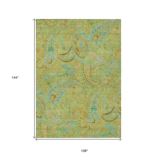 Homeroots 9' X 12' Artichoke Green Paisley Washable Indoor Outdoor Area Rug Aloe Polyester 561381