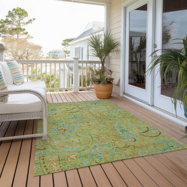 Homeroots 9' X 12' Artichoke Green Paisley Washable Indoor Outdoor Area Rug Aloe Polyester 561381