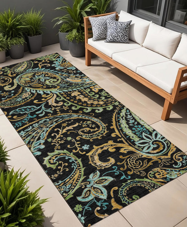 Homeroots 2' Artichoke Green Paisley Washable Indoor-outdoor Runner Rug For Easy Care And Style Black Polyester 561384
