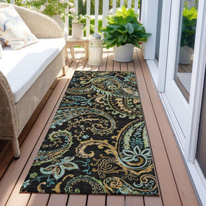 Homeroots 2' Artichoke Green Paisley Washable Indoor-outdoor Runner Rug For Easy Care And Style Black Polyester 561384