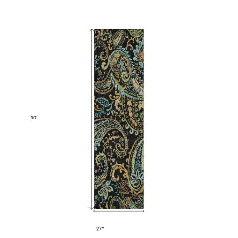 Homeroots 2' Artichoke Green Paisley Washable Indoor-outdoor Runner Rug For Easy Care And Style Black Polyester 561384