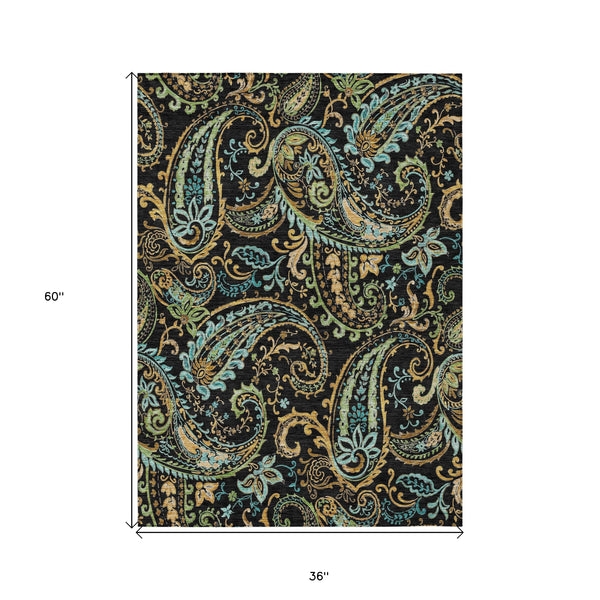 Homeroots 3' X 5' Black And Gold Paisley Washable Indoor Outdoor Area Rug Black Polyester 561386