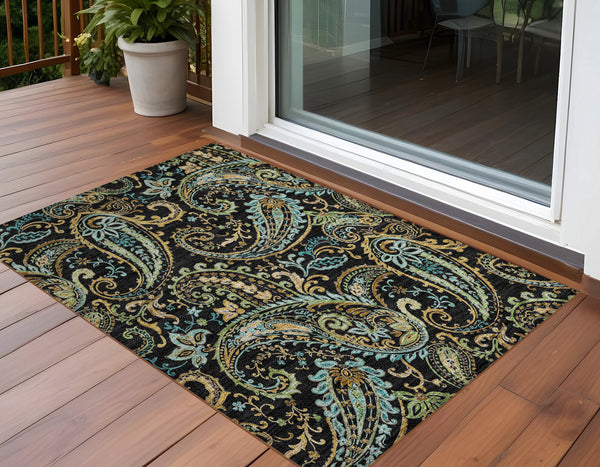Homeroots 3' X 5' Black And Gold Paisley Washable Indoor Outdoor Area Rug Black Polyester 561386