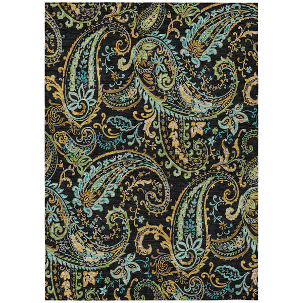 Homeroots 3' X 5' Black And Gold Paisley Washable Indoor Outdoor Area Rug Black Polyester 561386