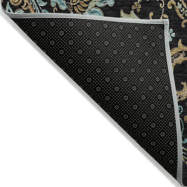 Homeroots 3' X 5' Black And Gold Paisley Washable Indoor Outdoor Area Rug Black Polyester 561386