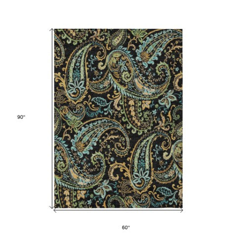Homeroots 2' Artichoke Green Paisley Washable Indoor-outdoor Runner Rug For Easy Care And Style Black Polyester 561387