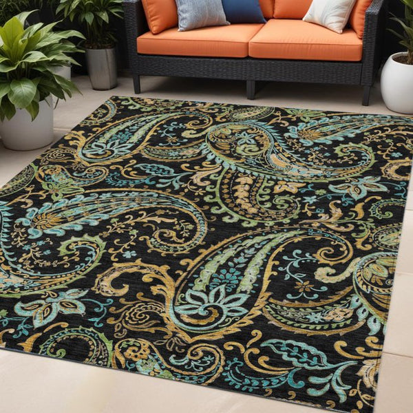 Homeroots 2' Artichoke Green Paisley Washable Indoor-outdoor Runner Rug For Easy Care And Style Black Polyester 561387